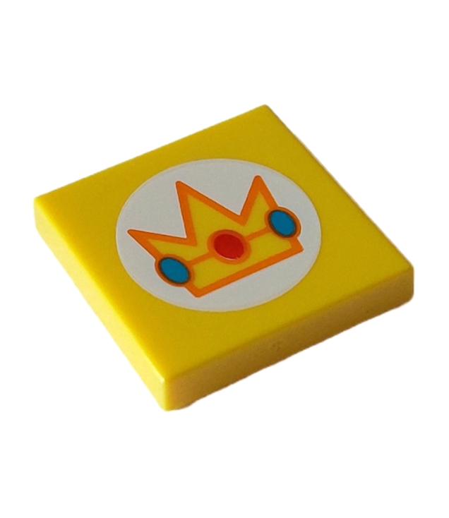 LEGO - Tegel 2 x 2 met kroon met rode en donker turquoise juwelen en oranje randen in wit cirkelpatroon - Yellow | N