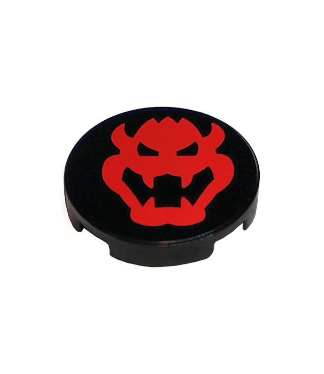 LEGO - Tegel, rond 2 x 2 met onderop een nophouder en rood Bowser-hoofdpatroon - Black | N