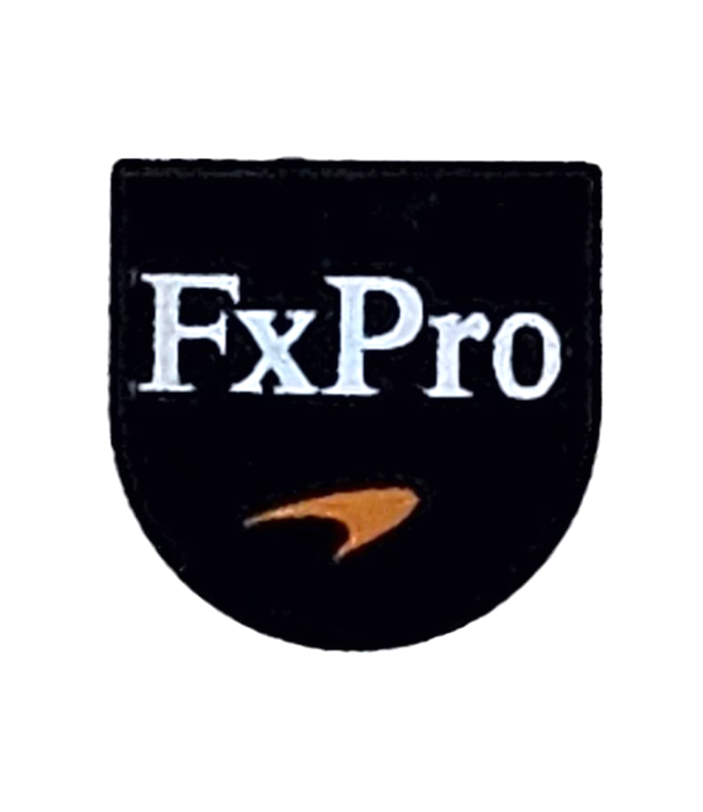 LEGO - Tegel, rond 1 x 1 halve cirkel verlengd met witte 'FxPro'-tekst en oranje McLaren-logo - Black | N