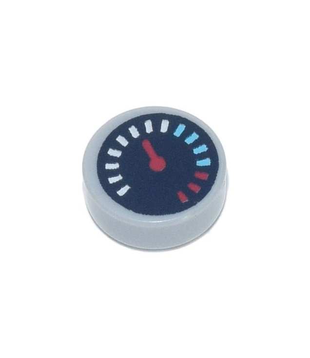 LEGO - Tegel, rond 1 x 1 met zwarte meter, rode wijzer en witte, middel­azuur en rode markeringen - Light Bluish Gray | N