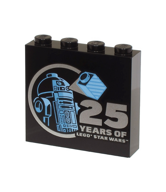 LEGO - Steen 1 x 4 x 3 met helderblauw en middelblauw R2-D2-minifiguur en zilveren '25 YEARS OF LEGO STAR WARS'-opdruk - Black | N