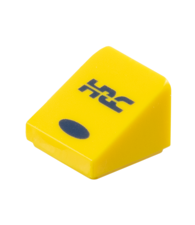 LEGO - Helling 30 graden graden 1 x 1 x 2/3 met donkerblauw 'HRC'- en ovaalpatroon - Yellow | N