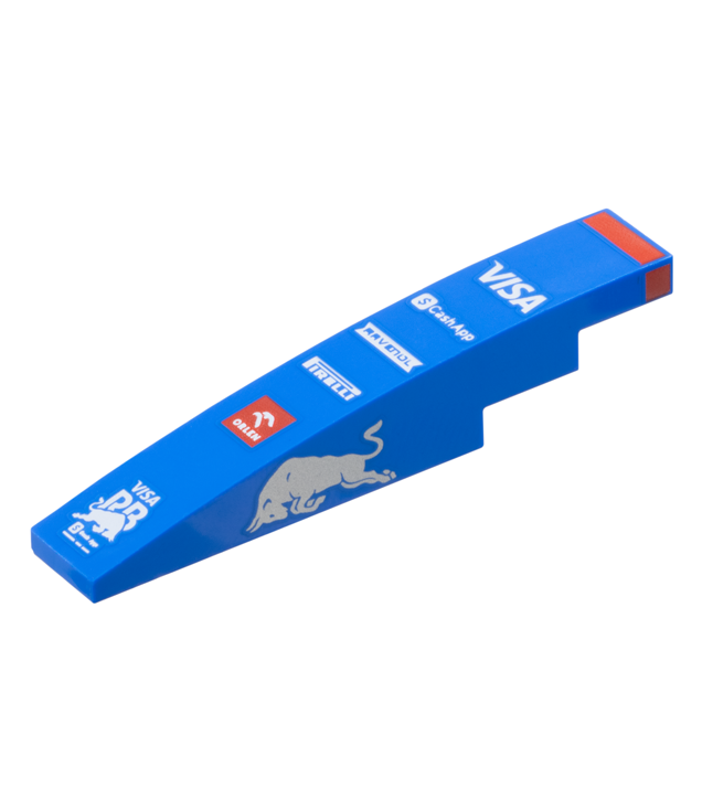 LEGO - Helling, gebogen 6 x 1 met rode streep en logo’s van 'VISA', 'CashApp', 'Ravenol', 'Pirelli', 'Orlen' en 'RB', zilveren stier aan beide zijden - Blue | N