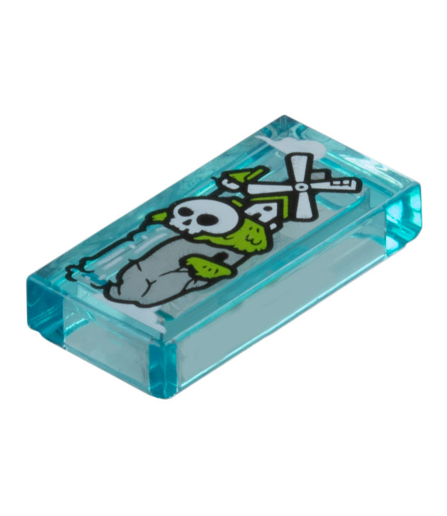 LEGO - Tegel 1 x 2 met lichtblauwgrijze rots, limoengras, witte windmolen, schedel en watervalpatroon - Trans-Light Blue | N