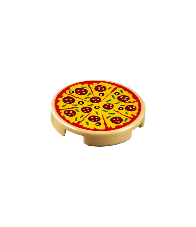 LEGO - Tegel, rond 2 x 2 met onderop een nophouder en patroon van gesneden pizza met rode tomatensaus, gele kaas, donkerrode pepperoni, zwarte olijven en groene paprika - Tan | N