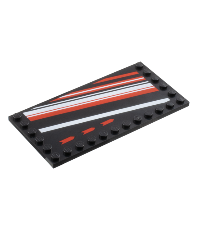 LEGO - Tegel, gemodificeerd 6 x 12 met noppen aan randen en pijlen, rood-wit diagonale strepen-patroon - Black | N