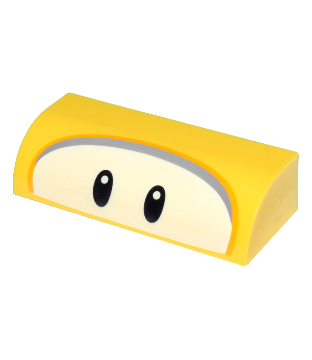 LEGO - Helling, gebogen 1 x 4 x 1 1/3 met zwarte ovale ogen op witte achtergrond en helderoranje-donkerblauwgrijze rand (Super Mario Fliprus) - Yellow | N