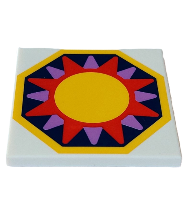 LEGO - Tegel 4 x 4 met gele, magenta en lavendelkleurige zon op donkerblauwe achthoek met gele rand - White | N