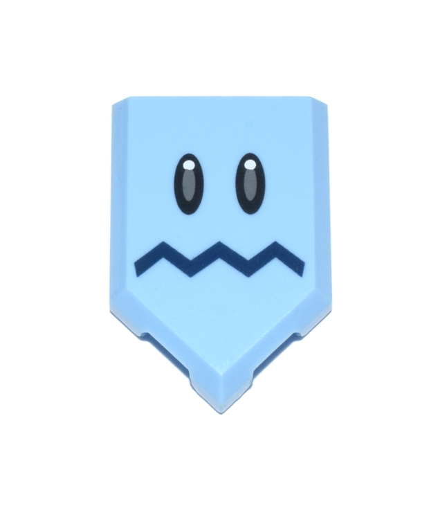 LEGO - Tegel, gemodificeerd 2 x 3 vijfhoekig met zwarte en donkerblauwgrijze ogen en donkerblauwe zigzagmond (Super Mario Freezie-gezicht) - Bright Light Blue | N