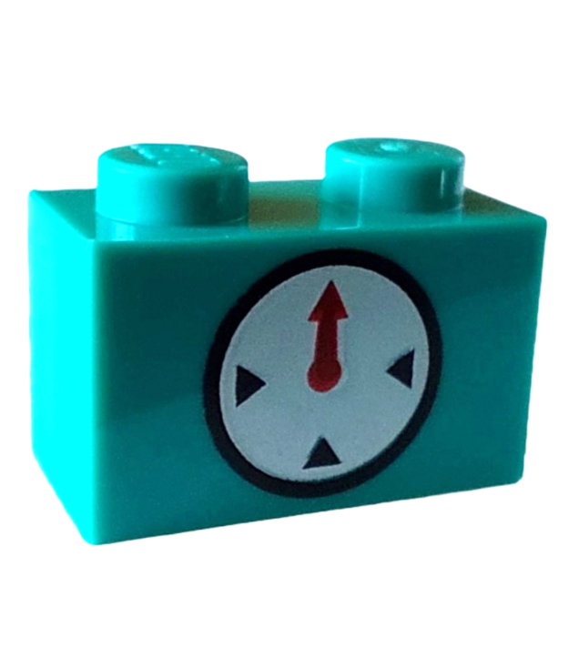 LEGO - Steen 1 x 2 met timer-opdruk: zwarte cirkel en markeringen met rode wijzer op witte achtergrond - Dark Turquoise | N