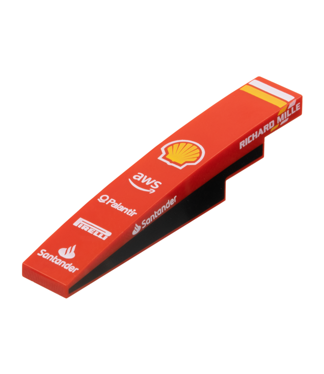 LEGO - Helling, gebogen 6 x 1 met witte en gele strepen, Shell-logo en opschriften van 'AWS', 'Palantir', 'Pirelli', 'Santander' en 'Richard Mille', zwarte panelen aan beide zijden - Red | N