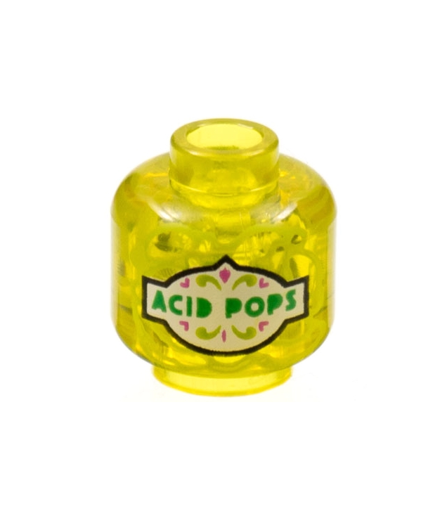 LEGO - Minifiguur-hoofd zonder gezicht met groene 'ACID POPS'-tekst op wit etiket – geventileerde nop - Trans-Yellow | N