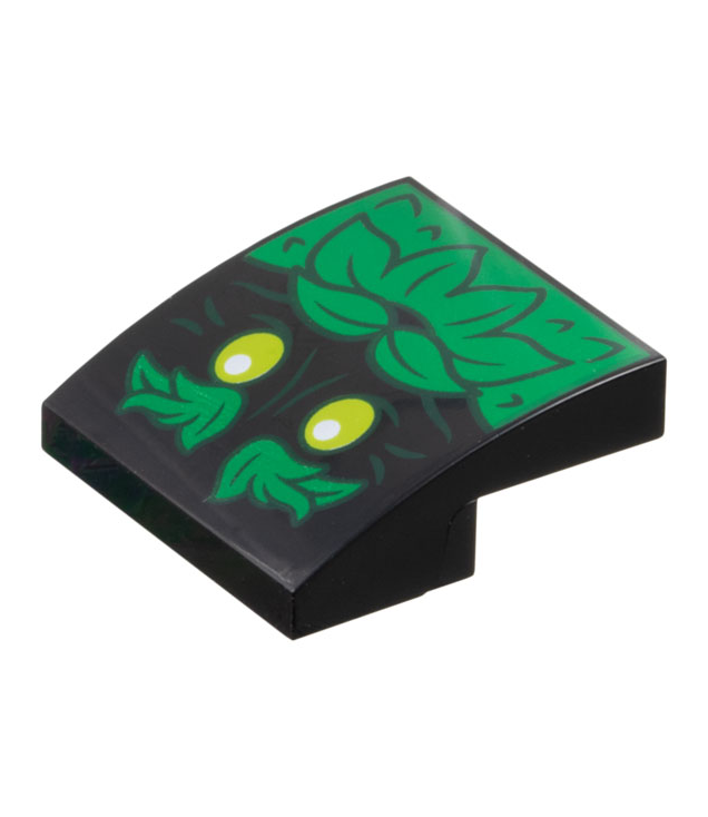 LEGO - Helling, gebogen 2 x 2 x 2/3 met lachend boomgezicht met limoenkleurige ogen, groene bladeren als wenkbrauwen, snor en baard - Black | N