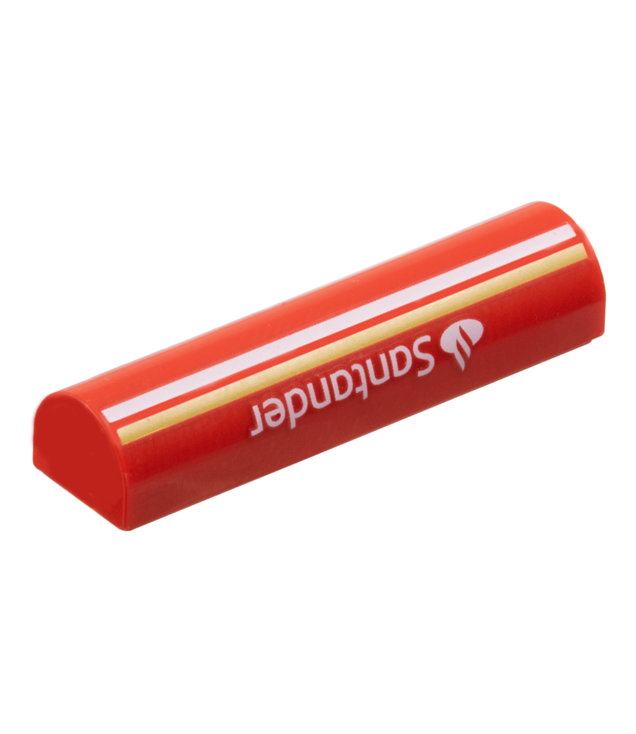 LEGO - Helling, gebogen 1 x 4 x 2/3 dubbel met witte en gele strepen en Santander-logo - Red | N