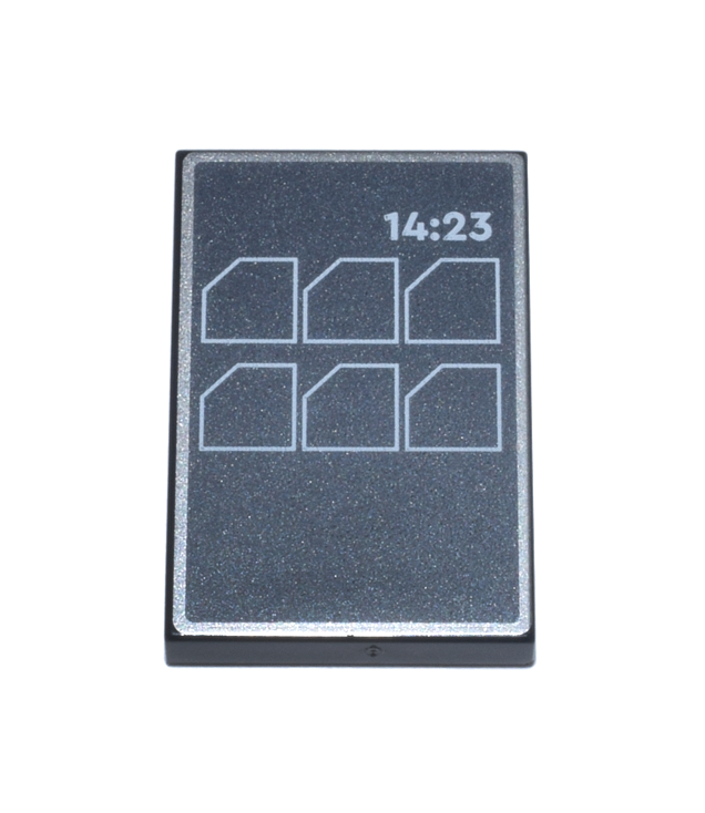 LEGO - Tegel 2 x 3 met console met zilveren rand, witte menu-iconen en '14:23'-opdruk op donkerzilveren achtergrond - Black | N