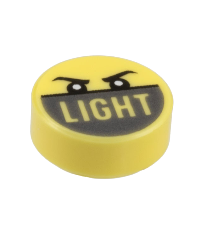 LEGO - Tegel, rond 1 x 1 met boze ogen en 'LIGHT'-opdruk op zilveren achtergrond - Bright Light Yellow | N