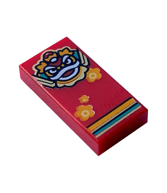 LEGO - Tegel 1 x 2 met patroon van goudkleurige leeuw/Nian-kop, bloemen en strepen in helderoranje, wit en donkergroenblauw - Red | N