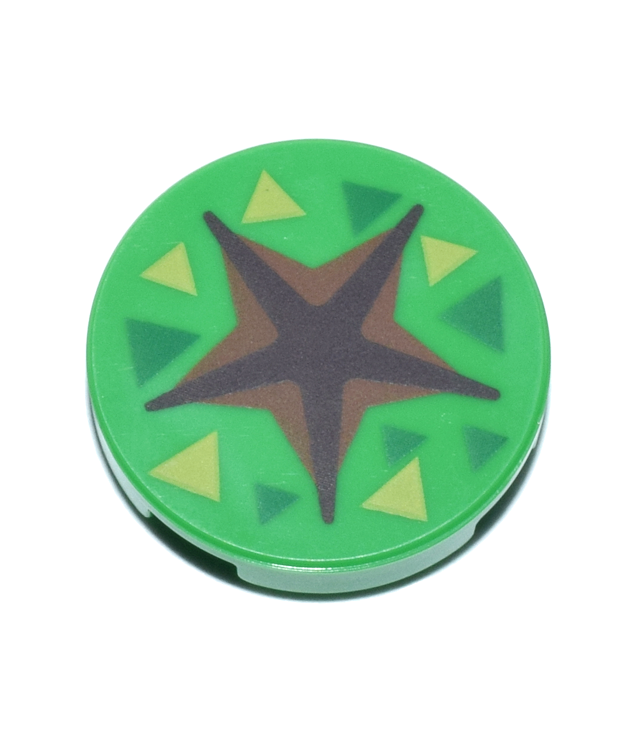 LEGO - Tegel, rond 2 x 2 met onderop een nophouder, donkerbruine stervormige gleuf en groene en limoenkleurige driehoeken (Animal Crossing fossielplek) - Bright Green | N
