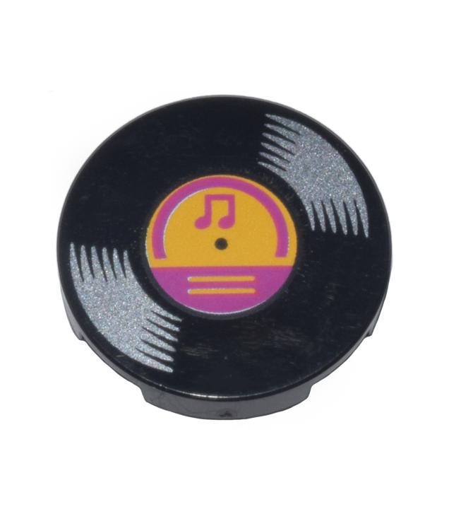 LEGO - Tegel, rond 2 x 2 met onderop een nophouder en vinylplaat met oranje-magenta centrum en muzieknoten - Black | N
