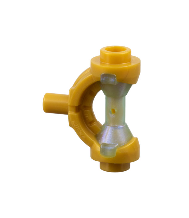LEGO - Minifiguur-wapen, zwaardgreep met gebogen beschermer en staaf met gegoten satijn-translichtblauwe zandloperhandgreep - Pearl Gold | N