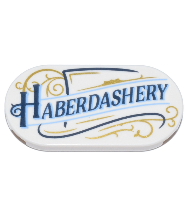 LEGO - Tegel, rond 2 x 4 ovaal met donkerblauwe en middelblauwe 'Haberdashery'-tekst en gouden siermotief - White | N