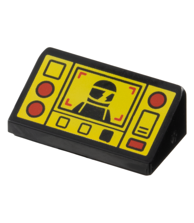 LEGO - Helling 30 graden graden 1 x 2 x 2/3 met rode en gele knoppen en vierkante monitor met afbeelding van minifiguur met helm - Black | N