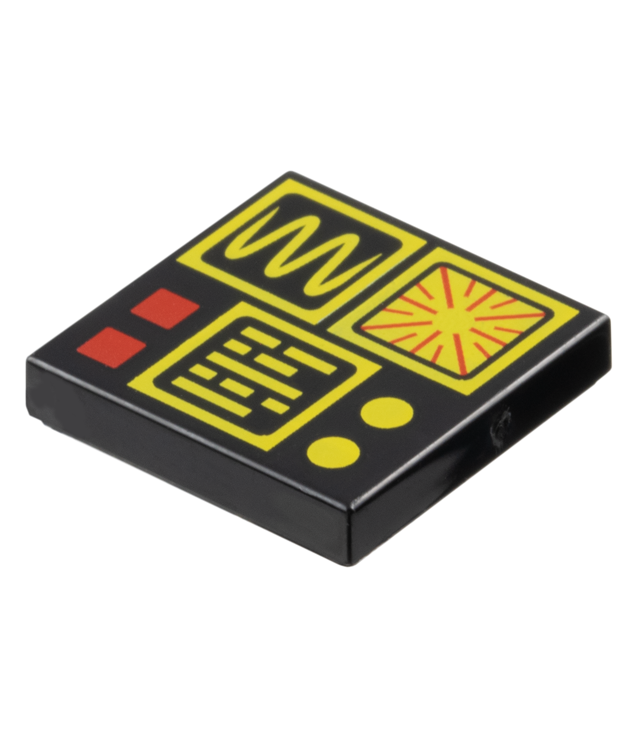 LEGO - Tegel 2 x 2 met rode en gele knoppen en vierkante schermen met golf-, straal- en tekstpatronen - Black | N