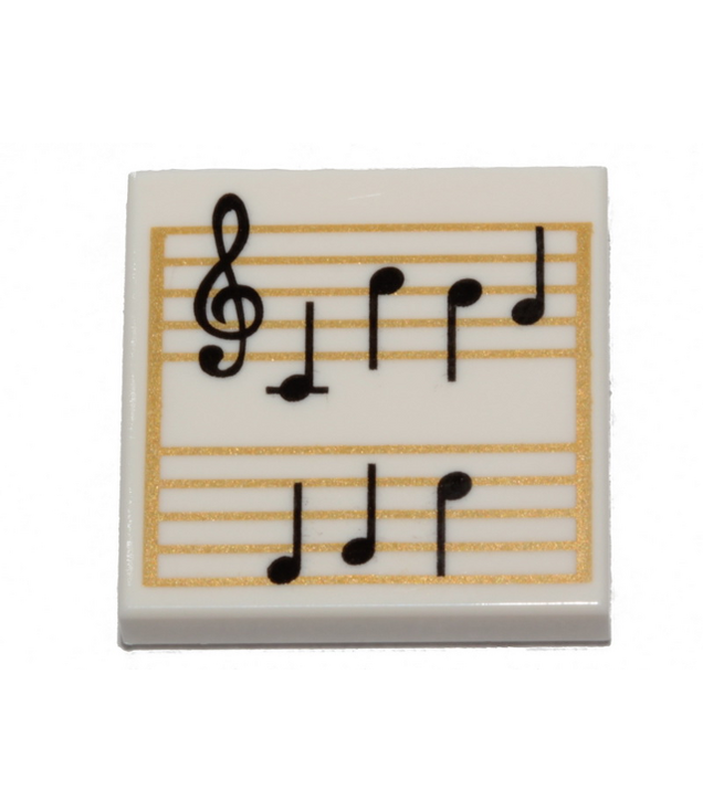 LEGO - Tegel 2 x 2 met bladmuziek, zwarte g-sleutel en noten op gouden notenbalk - White | N