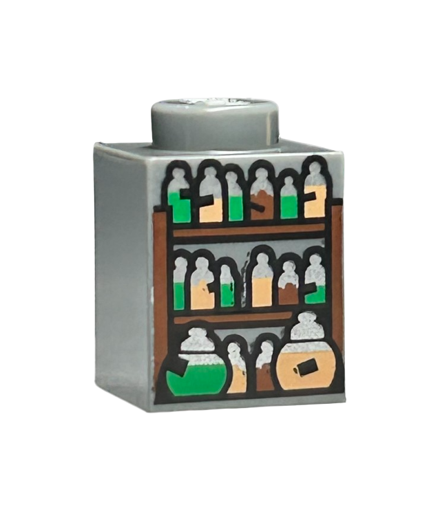 LEGO - Steen 1 x 1 met planken en drankflesjes met zwarte etiketten, zilveren doppen en groene, nougat- en roodbruine inhoud - Dark Bluish Gray | N