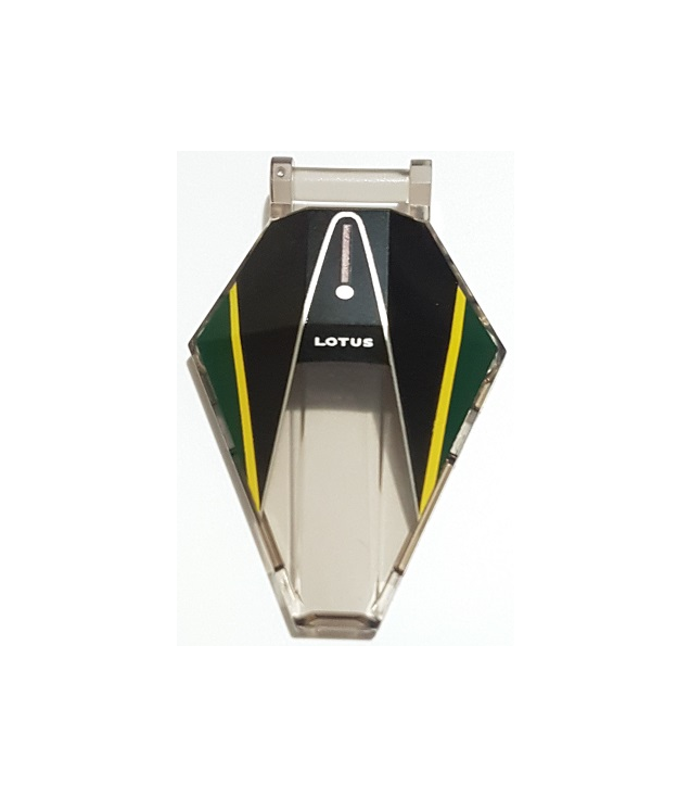 LEGO - Voorruit 6 x 4 x 1 zeshoekig met staafhandvat en 'LOTUS'-logo, zilver-gele lijnen en zwarte/donkergroene panelen - Trans-Brown | N