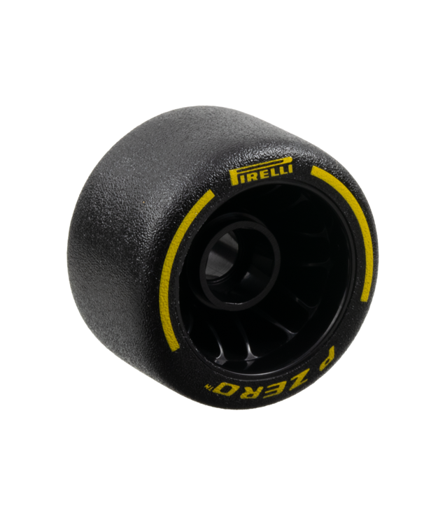 LEGO - Wiel Ø24 x 14,9 met pen-gat, gevormde zwarte rubberband met gele opdruk 'PIRELLI', 'P ZERO' en booglijnen - Black | N