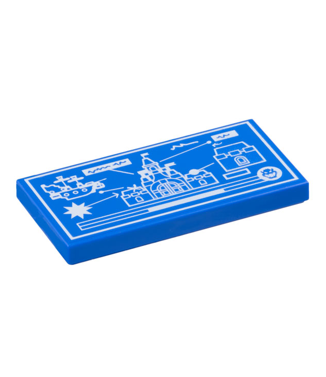 LEGO - Tegel 2 x 4 met witte bouwtekening van luchtschip en fort dat kasteel aanvalt - Blue | N