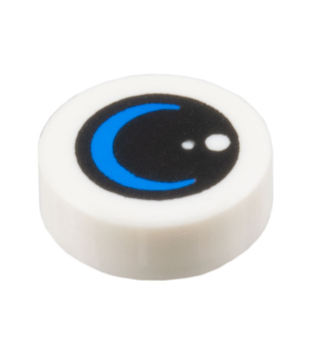 LEGO - Tegel, rond 1 x 1 met zwarte lens / cirkel met stippen en blauwe halve maan - White | N