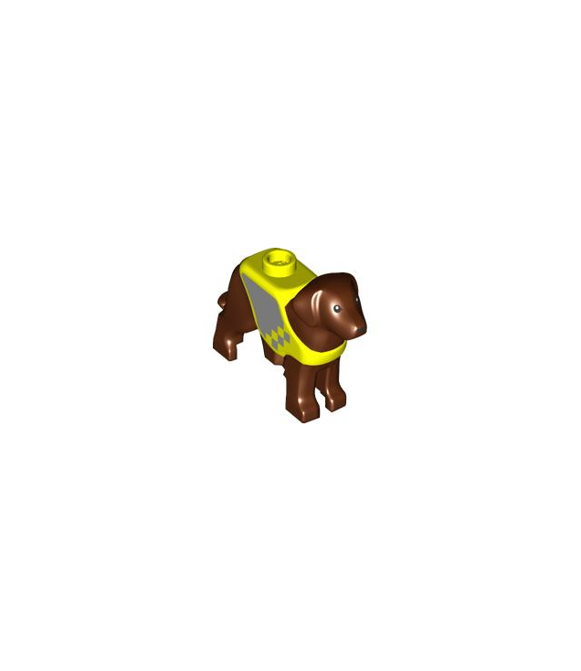 LEGO - Hond, labrador / reddingshond met gegoten neongeel vest en opdruk met zilverkleurige panelen en vierkanten - Reddish Brown | N