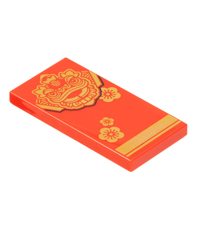 LEGO - Tegel 2 x 4 met gouden Chinese nieuwjaarsdraak, bloem en streeppatroon - Red | N
