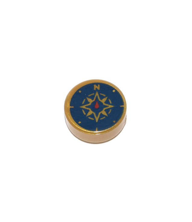 LEGO - Tegel, rond 1 x 1 met donkerblauwe windroos en rode naald - Pearl Gold | N