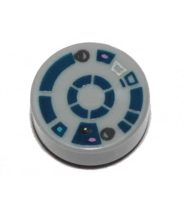LEGO - Tegel, rond 1 x 1 met donkerblauw R2-D2 astromech-droidpatroon - Light Bluish Gray | N