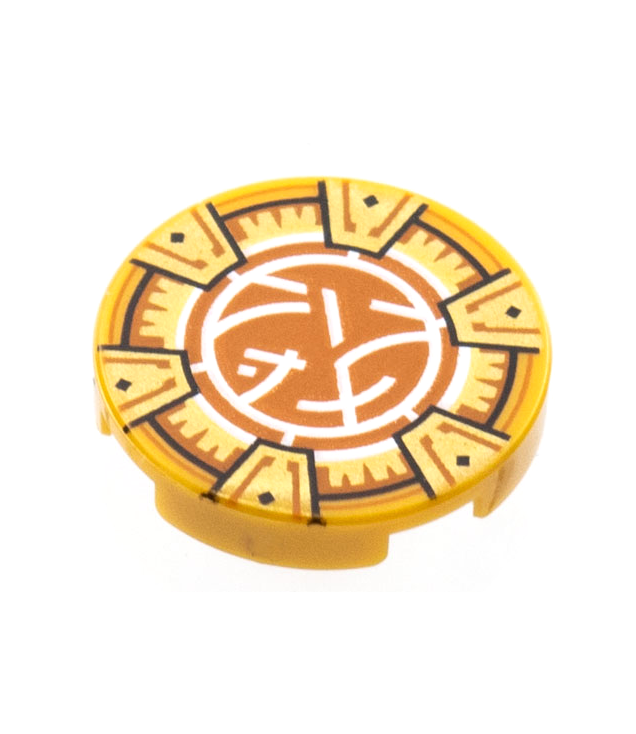 LEGO - Tegel, rond 2 x 2 met onderop een nophouder en gouden lijst met 6 chevrons, donkeroranje en wit kernlogo-patroon - Pearl Gold | N