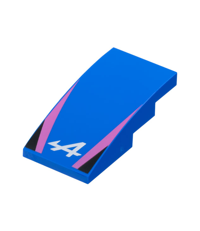 LEGO - Helling, gebogen 4 x 2 met Alpine F1-logo, witte gestileerde hoofdletter A, donkerroze strepen en zwarte driehoeken - Blue | N