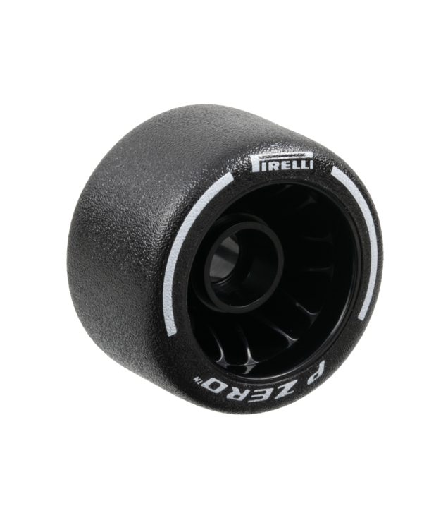 LEGO - Wiel 24 x 14.9 met pen­gat, zwart harde rubberband met wit opdrukpatroon 'PIRELLI', 'P ZERO' en boogmotieven - Black | N