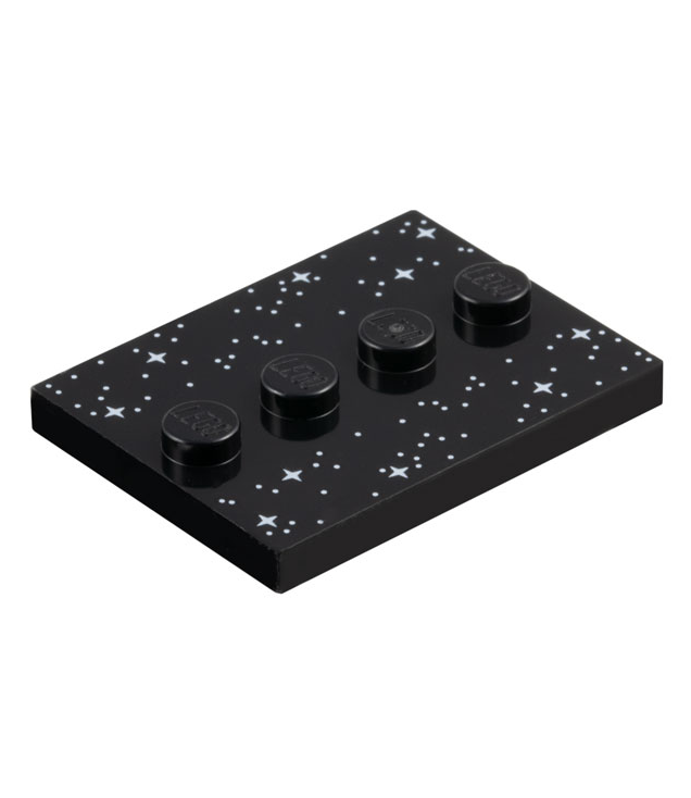 LEGO - Tegel, gemodificeerd 3 x 4 met 4 noppen in het midden en patroon van witte stippen en sterretjes - Black | N