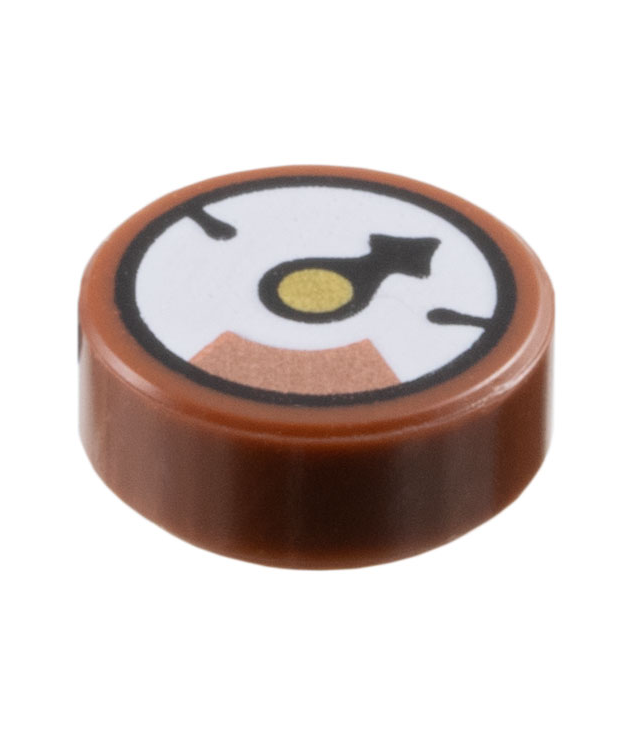 LEGO - Tegel, rond 1 x 1 met wit meterpatroon met zwarte wijzer, gouden cirkel en koperen sectie - Reddish Brown | N