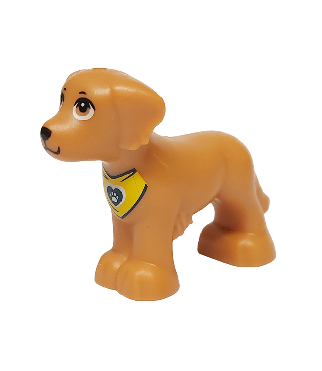 LEGO - Hond, Friends met ruige vacht, oren en staart, zwarte neus en mond, gele bandana met hart en witte pootafdruk (Rocky) - Medium Nougat | N