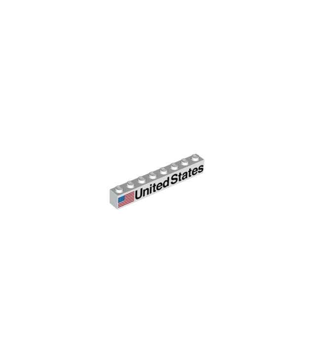 LEGO - Steen 1 x 8 met zwarte tekst 'United States' en vlagpatroon (linkerkant) - White | N