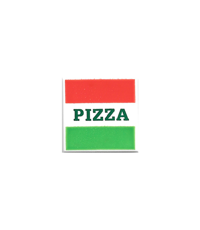 LEGO - Tegel 2 x 2 met rode en groene strepen en donkergroene ‘PIZZA’-opdruk (pizzadoos) - White | N