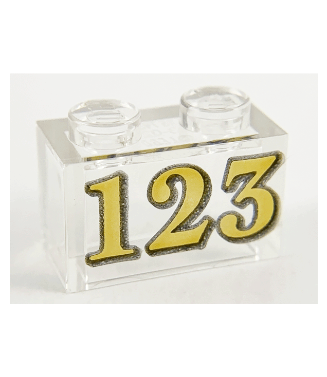 LEGO - Steen 1 x 2 zonder onderbuis met gouden ‘123’-opdruk - Trans-Clear | N