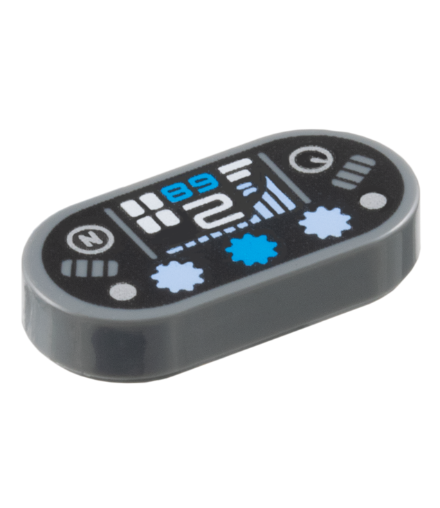 LEGO - Tegel, ovaal rond 1 x 2 met dashboardpatroon met donkerazuur ‘89’/‘68’, witte ‘2’, zilveren ‘N’ in cirkel, meetpunten en helderblauw staafdiagram op zwarte achtergrond - Dark Bluish Gray | N