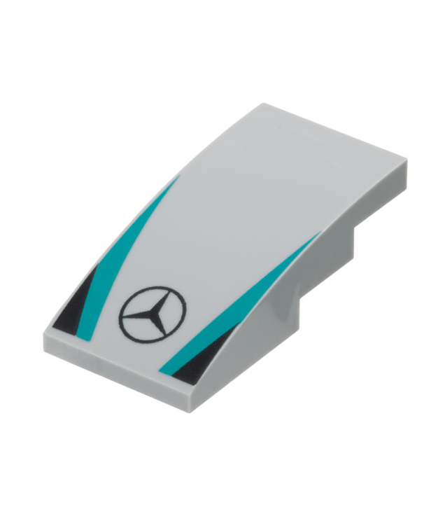 LEGO - Helling, gebogen 4 x 2 met Mercedes-logo, donkergroenblauwe strepen en zwarte driehoeken - Light Bluish Gray | N
