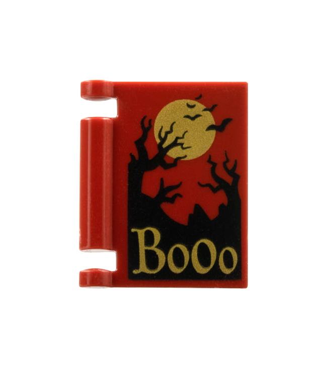 LEGO - Minifiguur-accessoire, boekomslag met gouden maan en ‘Booo’-tekst, zwarte vleermuizen en bosmotief - Dark Red | N