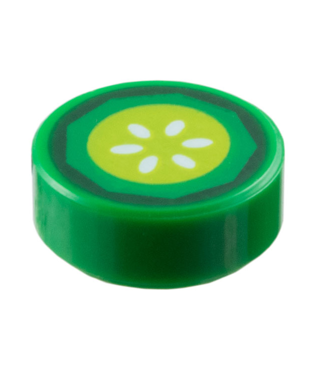 LEGO - Tegel, rond 1 x 1 met donkergroen, limoenkleurig en wit komkommerschijfpatroon - Green | N